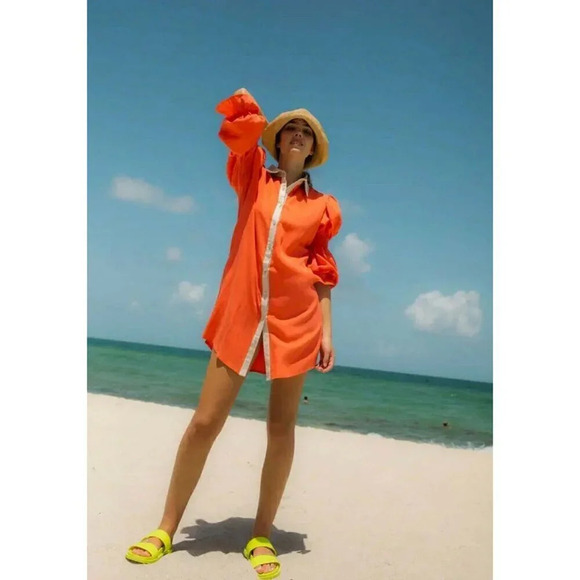 Margo Baridon Sienna Mini Shirt Dress Size Small Orange Puff Sleeve $298 - Picture 4 of 14